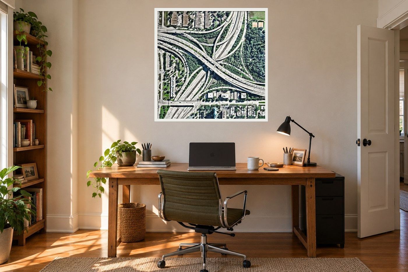 Houston Interchange print framed and hanging in a room