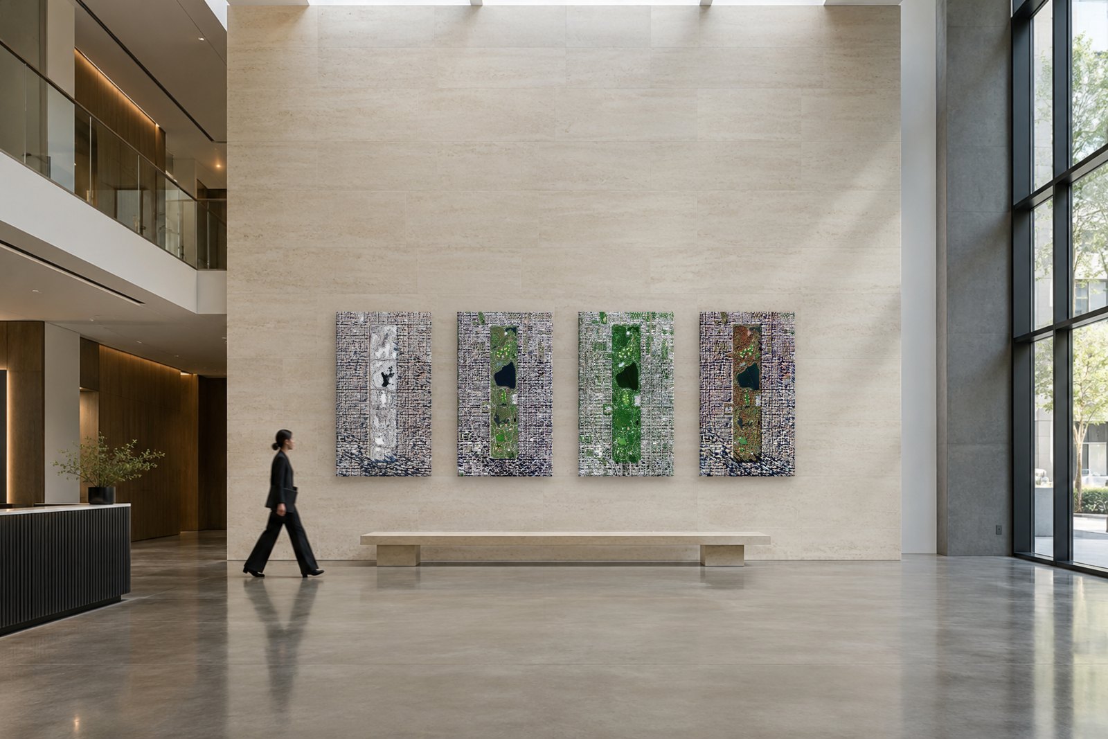 Large Overview prints of Central Park in an office lobby