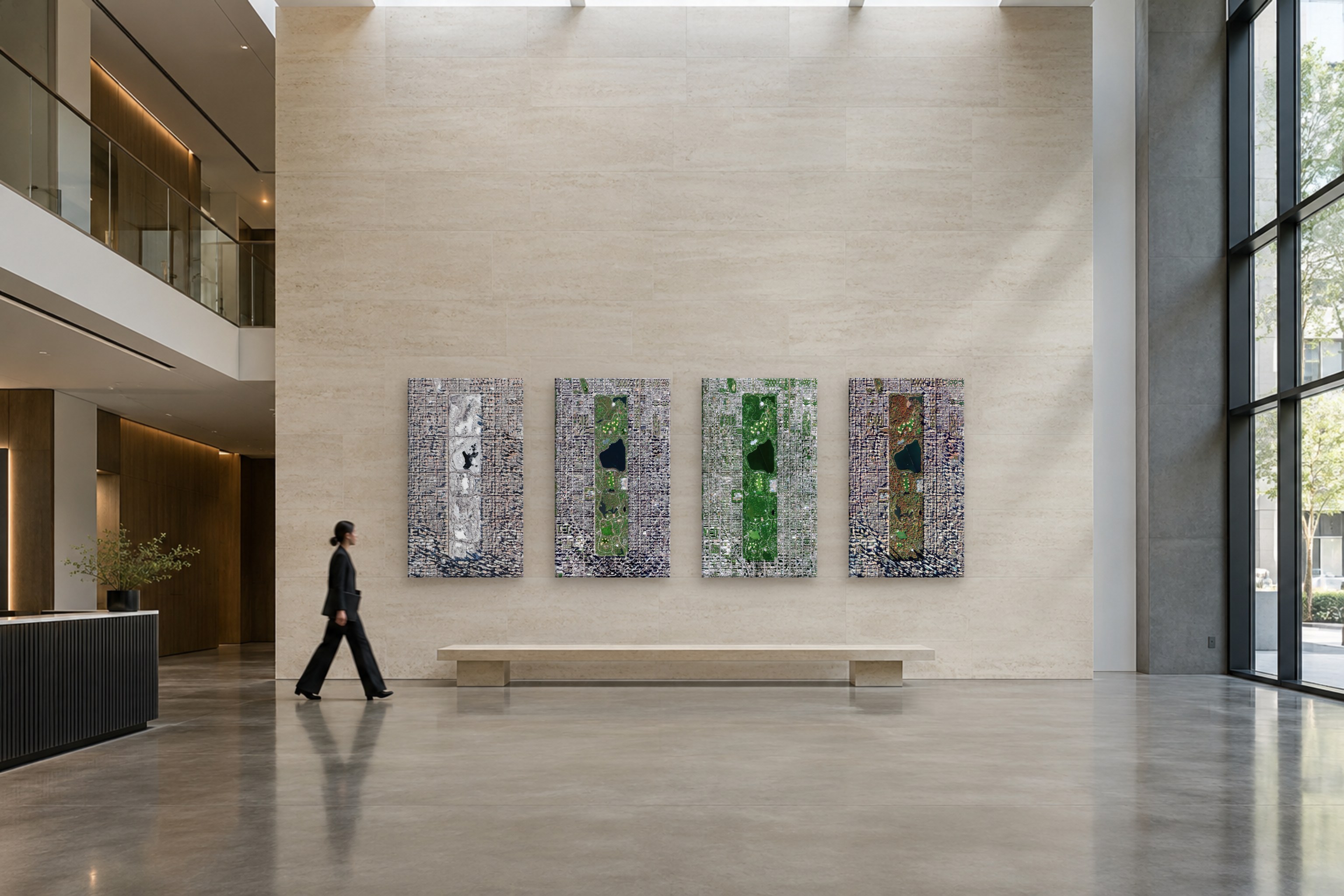 Four large prints of Central Park in winter, spring, summer, and fall hanging in an office lobby